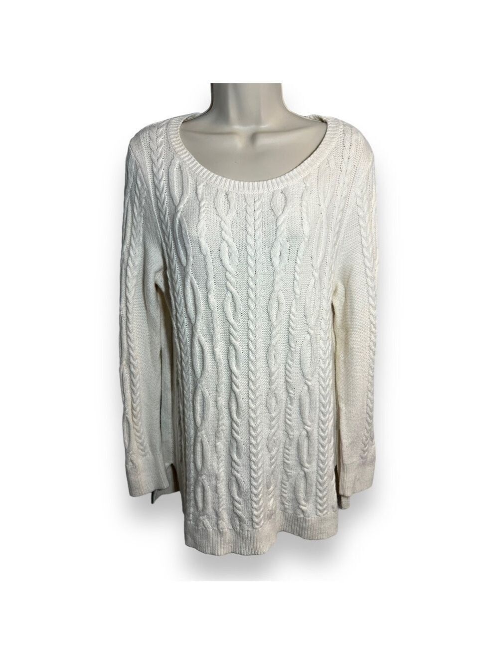 Loft Women’s Scoop Neck Cable Knit Tunic Sweater Ivory Size LP